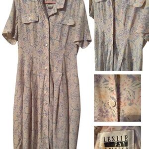 Leslie Fay 1980s Pastel Button Up Floral Midi Dress